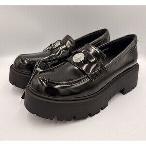 Madden NYC Women’s Coin Platform Lug Sole Penny Loafers Black Patent Size 9 NWT